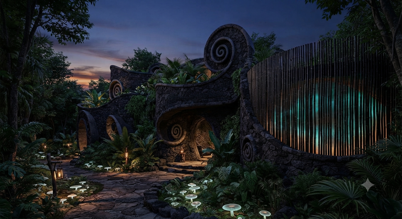 Il corpo centrale del resort in pietra vulcanica, di notte, tra i funghi bianchi luminosi